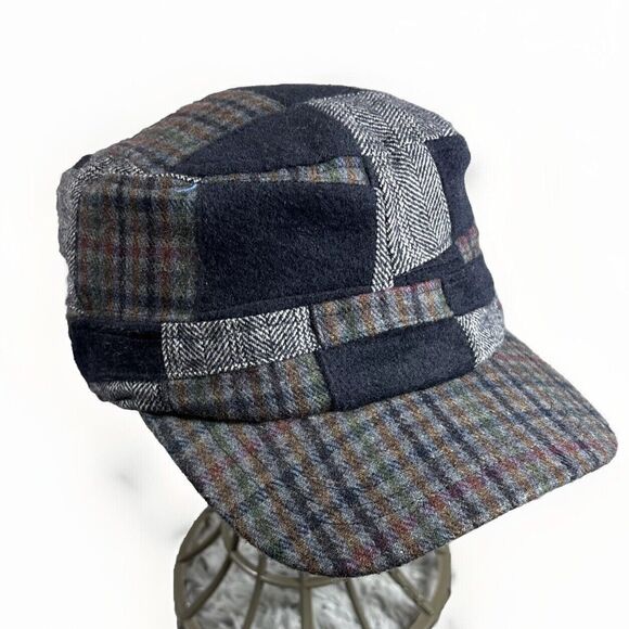Patchwork Women’s Cap Hat Navy Blue Brim Plaid Tartan Retro 60s Mod MCM Artsy - Picture 1 of 10